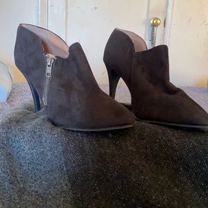Black suede ankle 4 inch heels with zip up closure